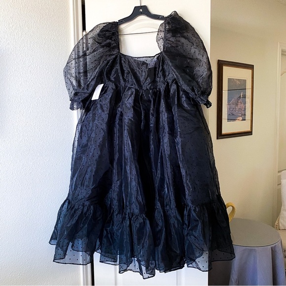 Selkie Caviar French Puff Dress Midi Black Polka Dot Organza XL NWT - Picture 2 of 14